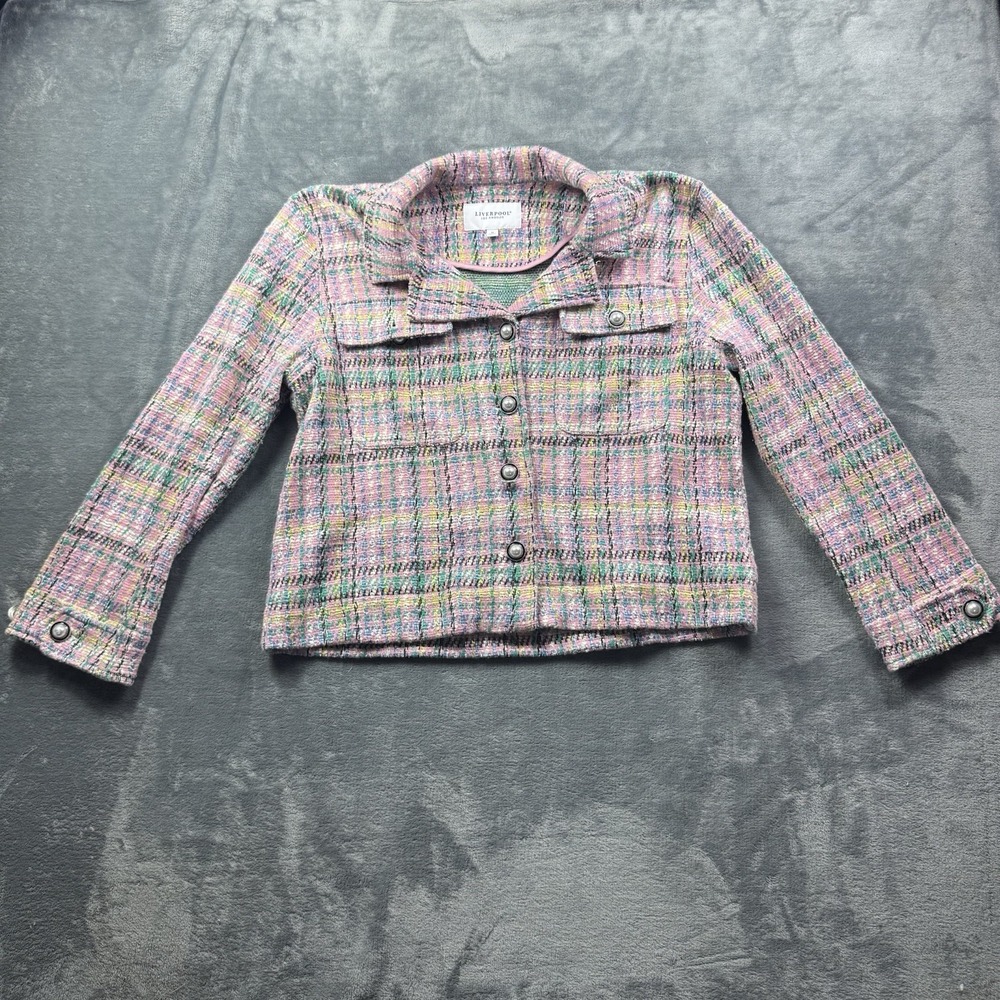 Liverpool Los Angeles Women's Boxy Plaid  Crop Jacket Tea Rose Multi M Tweed